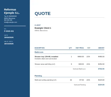 Sidebar: Coloured column on the left with your logo, your details and the document data.