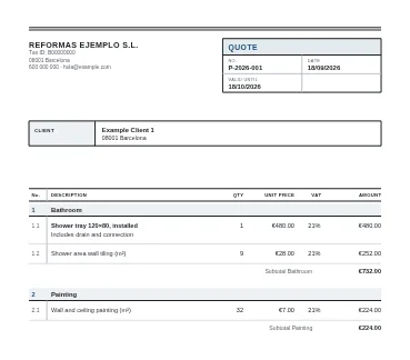 Technical: For installation work: a title block with the document data and numbered items.
